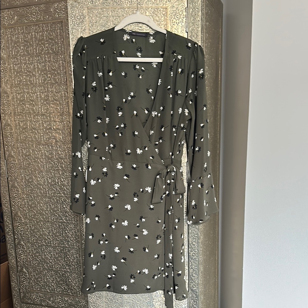 Marks & Spencer Olive Green Floral Wrap Tie Front Sheath Dress